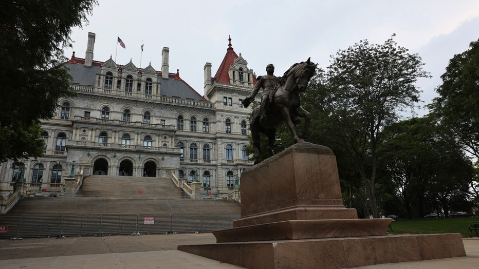 ALBANY, NEW YORK - AUGUST 11: The New York State Capitol is seen on August 11, 2021 in Albany, New York. Lt. Gov. and incoming NY Gov. Kathy Hochul gave her first press conference after Gov. Andrew Cuomo announced that he will be resigning following the release of a report by the New York State Attorney General Letitia James, that concluded that Cuomo sexually harassed nearly a dozen women. Hochul will be New York's first woman governor. (Photo by Michael M. Santiago/Getty Images)