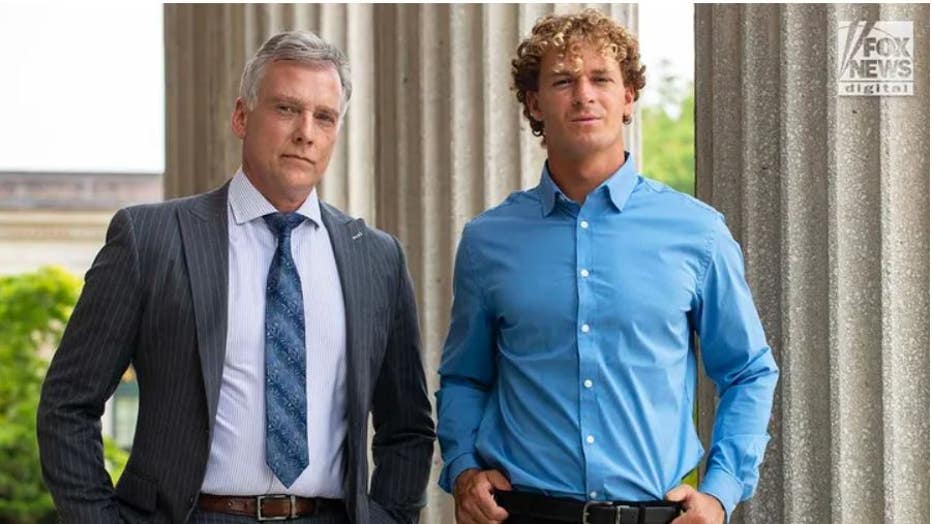 Attorney Steven Raiser, left, and Daniel Penny pose for a photo outside the Theodore Roosevelt Executive and Legislative Building in Mineola, New York on Tuesday, June 6, 2023. (Julia Bonavita/Fox News Digital)