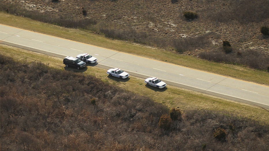 WANTAGH, NY - APRIL 15: An aerial view of police cars near where a body was discovered in the area near Gilgo Beach and Ocean Parkway on Long Island on April 15, 2011 in Wantagh, New York. Police have been conducting a prolonged search of the area after finding ten sets of human remains. Of the ten only four sets of remains have been identified as missing female prostitutes in their 20s who had been working in the online escort business. Police, working with the Federal Bureau of Investigation (FBI), suspect that a single serial killer may be in the New York area focusing on sex workers. (Photo by Spencer Platt/Getty Images)