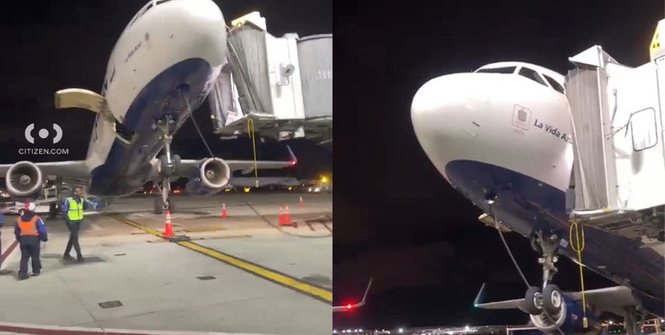 JetBlue plane tilts back after landing at JFK Airport