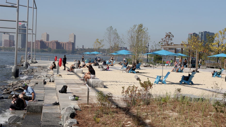 UNITED STATES -October 3: Is not Ipanema beach but Manhattan residents and tourists can enjoy the little artificial beach on the Hudson River shores. Gansevoort Peninsula located in Hudson River Park has a public beach, sports field, a beachfront landing for non-motorized boats like kayaks and 20 million oysters around the land as seen on October 3, 2023. (Photo by Luiz C. Ribeiro for NY Daily News via Getty Images)