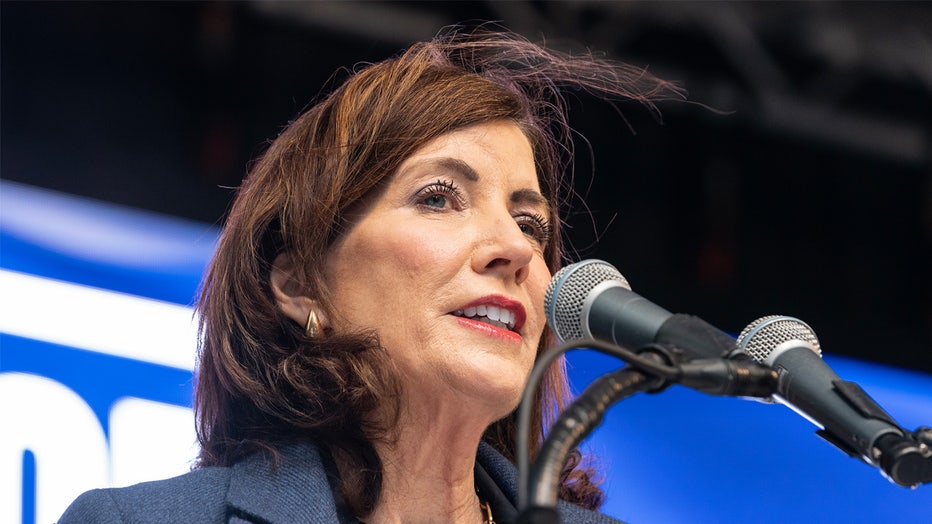 NEW YORK, UNITED STATES - 2023/10/10: Governor Kathy Hochul speaks during the New York Stands with Israel Vigil and Rally at Dag Hammarskjold Plaza. Thousands of people gathered on the plaza to hold a rally in support of Israel after a devastating terrorist attack by Hamas which left more than thousand innocent civilians including babies killed and thousands wounded. Rally attracted dozens of local politicians including Governor Kathy Hochul, mayor Eric Adams, Attorney General Letitia James and many more. (Photo by Lev Radin/Pacific Press/LightRocket via Getty Images)