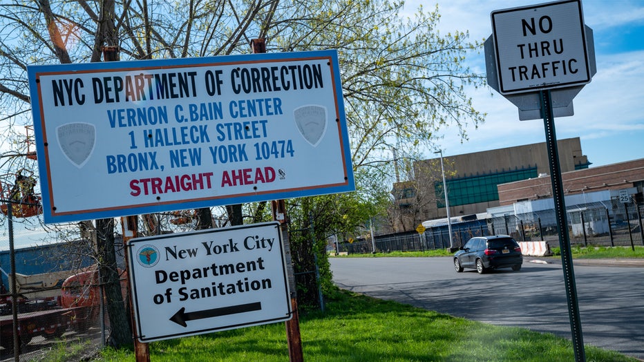 NEW YORK, NY - APRIL 14: A sign directs traffic to the Vernon C. Bain Correctional Detention Center on April 14, 2020 in New York City. President of the Correction Officers' Benevolent Association Elias Husamudeen has said that the floating jail should be converted into a temporary hospital to quarantine Rikers Island inmates who have tested positive for COVID-19. As of Monday, 587 Department of Correction employees and 323 inmates have tested positive for the virus. (Photo by David Dee Delgado/Getty Images)