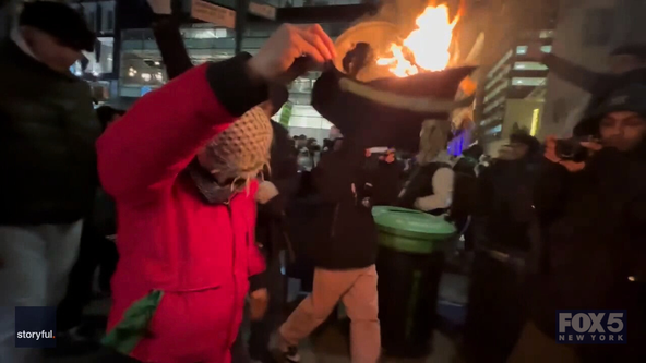 Crowds cheer as NYPD hat burns during pro-Palestinian protest near tree lighting