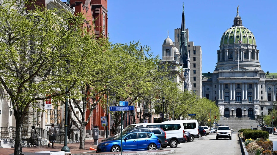 View of the Pennsylvania State Capitol at the end of State street in downtown Harrisburg, Pennsylvania on April 2, 2023. (Photo by Daniel SLIM / AFP) (Photo by DANIEL SLIM/AFP via Getty Images)