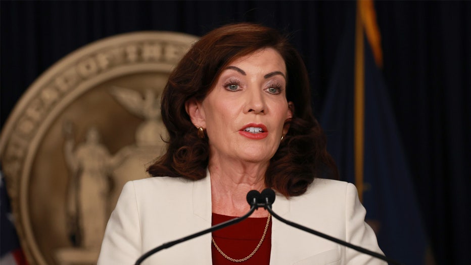 UNITED STATES -November 21: Governor Kathy Hochul is pictured during Press Conference at her offices in Midtown Manhattan early Tuesday November 21, 2023. During the press conference the Governor announced $3 million that would be allocated to expand the Division of Homeland Security and Emergency Services' Domestic Terrorism Prevention Unit's Threat Assessment and Management training to all colleges and universities in New York State. The new resources will be used to continue combating the ongoing rise in online hate speech across New York. Sheikh Musa Drammeh and Eric Goldstein from the UJA Federation of New York also attended the presser. (Photo by Luiz C. Ribeiro for NY Daily News via Getty Images)