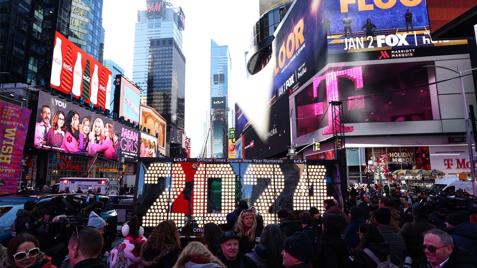 NEW YORK, UNITED STATES - DECEMBER 20: A view of the New Year's Eve '2024' Numerals, to be lit up at midnight on December 31, in New York's world-famous Times Square in United States on December 20, 2023. Just a few days before the new year, preparations for the New Year's Eve celebrations continue with great enthusiasm. (Photo by Lokman Vural Elibol/Anadolu via Getty Images)