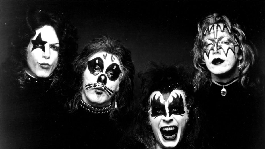 FEBRUARY 18: (L-R) Paul Stanley, Peter Criss, Gene Simmons and Paul Stanley of the rock and roll band Kiss pose for a portrait for the cover of their self-entitled first album "Kiss" which was released on February 18, 1974. (Photo by Ginny Winn/Michael Ochs Archives/Getty Images)
