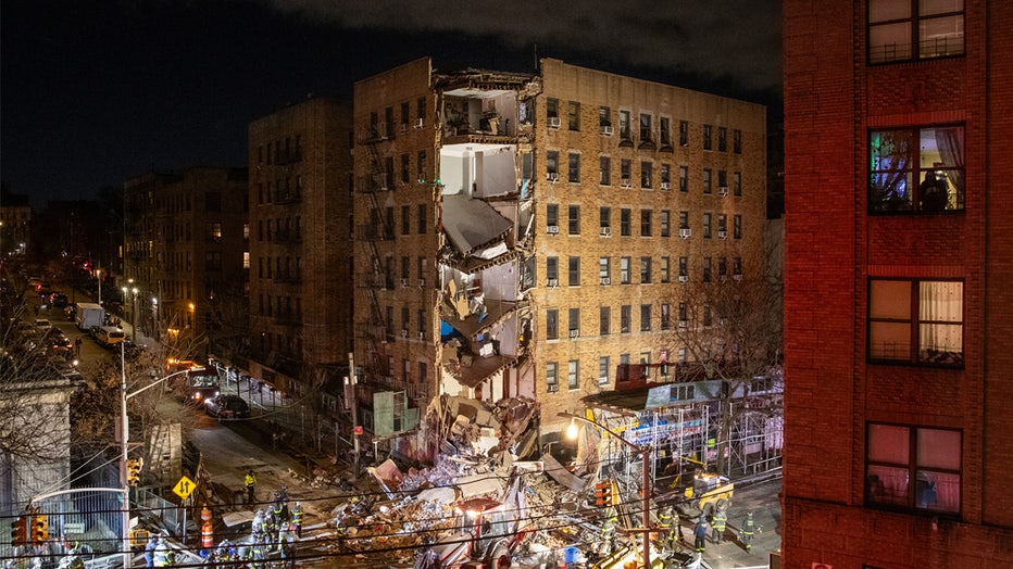 NEW YORK, NY - DECEMBER 11: A view of the site of a partially collapsed residential building on December 11, 2023 in New York City. Part of a seven-story residential building in the Bronx collapsed on the afternoon of December 11. (Photo by Liao Pan/China News Service/VCG via Getty Images)