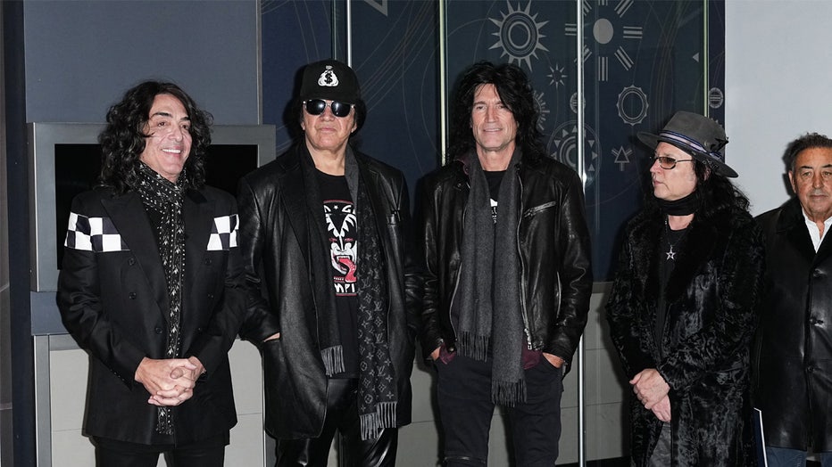 NEW YORK, NEW YORK - NOVEMBER 30: Paul Stanley, Gene Simmons, Tommy Thayer, and Eric Singer of KISS visit the Empire State Building on November 30, 2023 in New York City. (Photo by John Nacion/Getty Images)