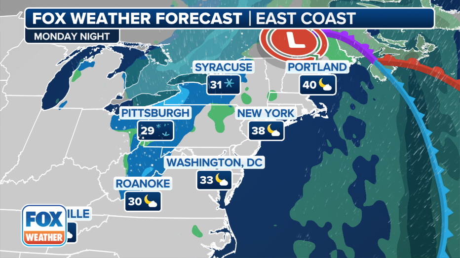 The forecast for Monday night, Dec. 18, 2023. (FOX Weather)