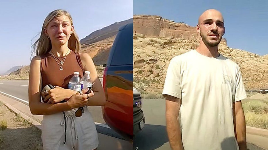 Gabby Petito, left, and Brian Laundrie are seen in bodycam footage released by the Moab City Police Department in Utah. (Moab City Police Department)