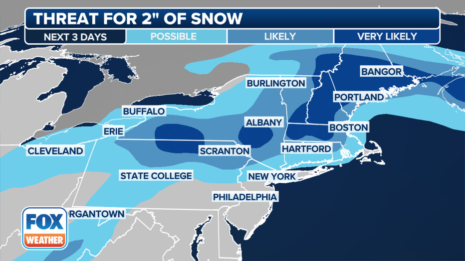 Probability of areas receiving 2 inches of snow or more over the next 3 days. (FOX Weather)