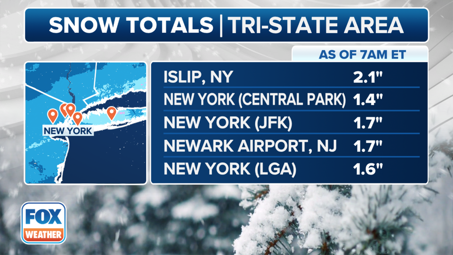 Snow totals in the New York City tri-state area so far. (FOX Weather)