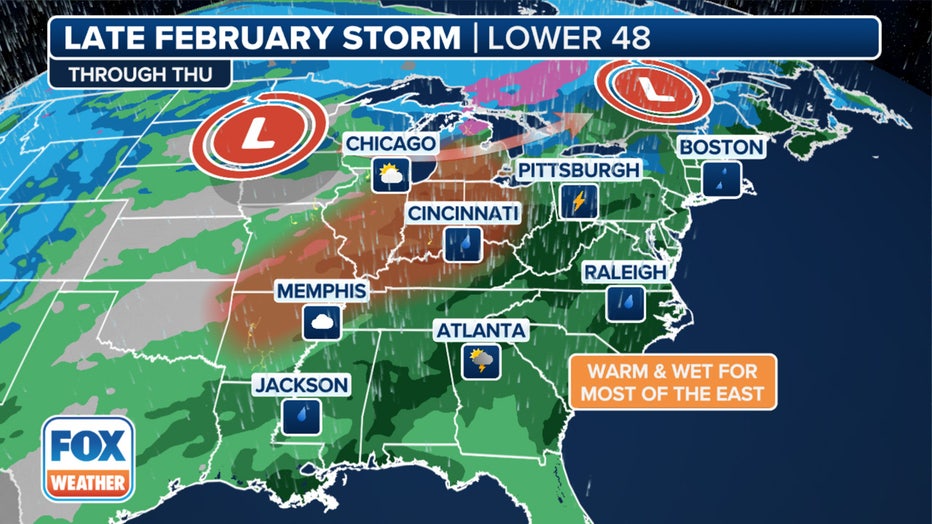 This graphic shows the progression of the cross-country storm through Thursday, Feb. 29, 2024. (FOX Weather)