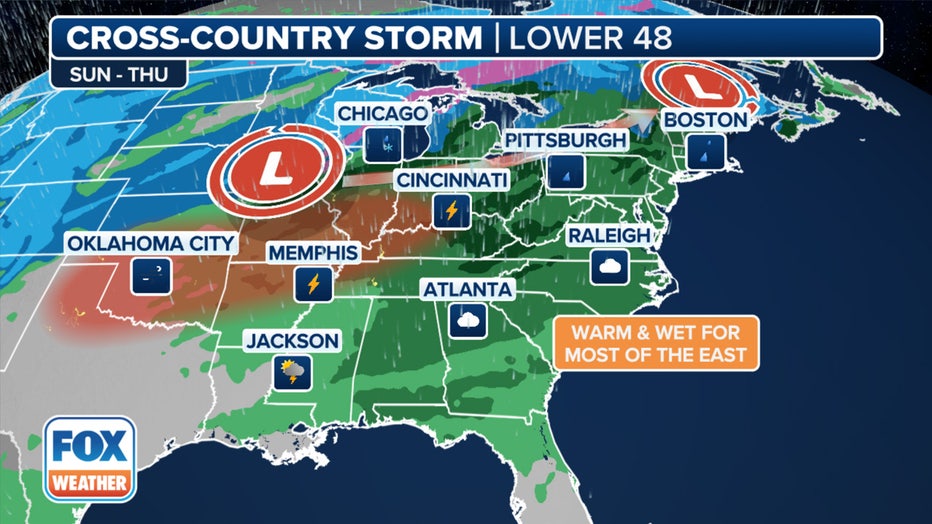 This graphic shows the progression of the cross-country storm impacting the East Coast by the end of the week. (FOX Weather)