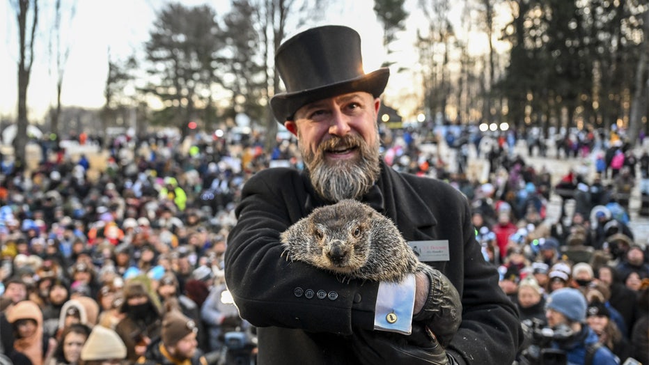 PUNXSUTAWNEY, PA, USA - FEBRUARY 2: Punxsutawney Phil saw his shadow on Wednesday morning 6 more weeks of winter during Groundhog Day celebration at the Gobbler's Knob in Punxsutawney, Pennsylvania, United States on February 2, 2023. Punxsutawney Groundhog Club established in 1887 as members believe that groundhogs predict the weather. (Photo by Fatih Aktas/Anadolu Agency via Getty Images)