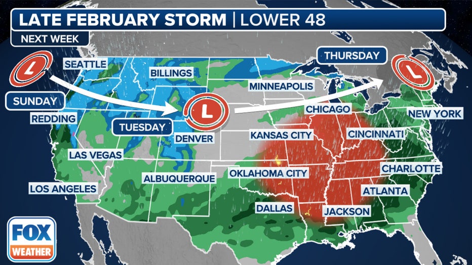 This graphic shows the progression of the next cross-country storm expected to start Sunday, Feb. 25, 2024. (FOX Weather)