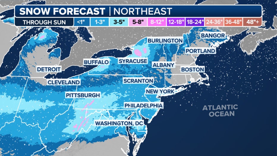 Forecast snow totals in the Northeast through Sunday, Feb. 18, 2024. (FOX Weather)