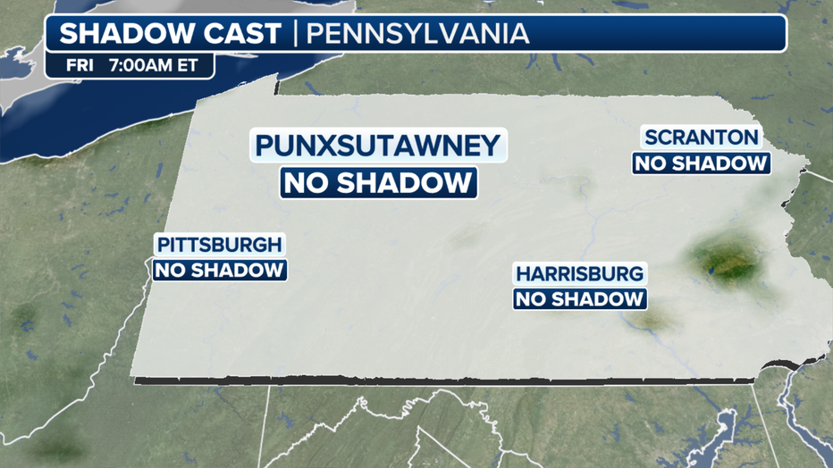 No shadows should appear in Punxsutawney, Pennsylvania, at 7 a.m. EST Friday, Feb. 2, 2024. (FOX Weather)