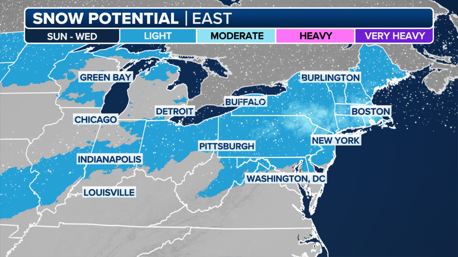 Here's a look at the snow potentail from Sunday through Wednesday in the East. (FOX Weather)