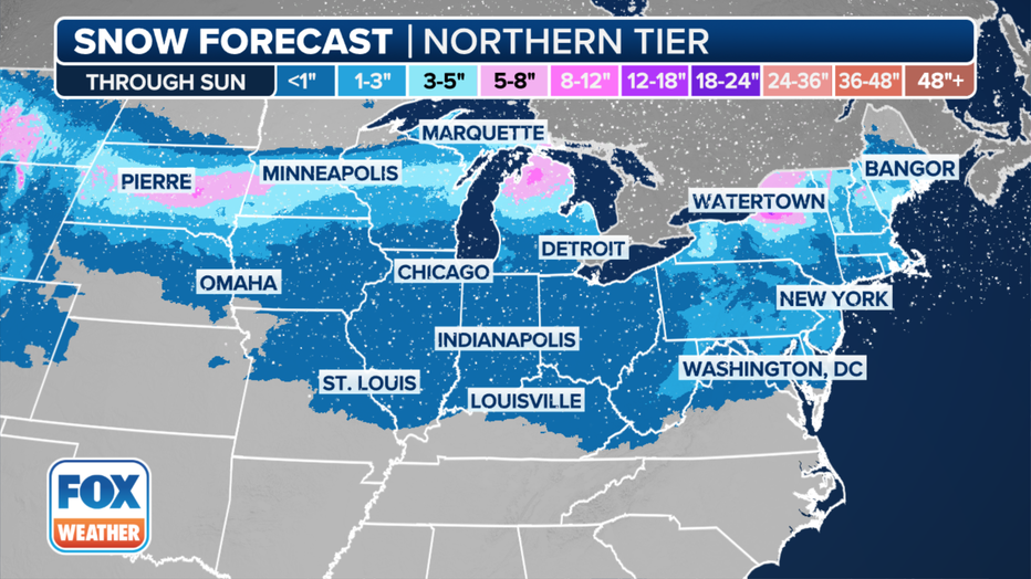 The snowfall forecast for the northern tier of the U.S. through Sunday. (FOX Weather)
