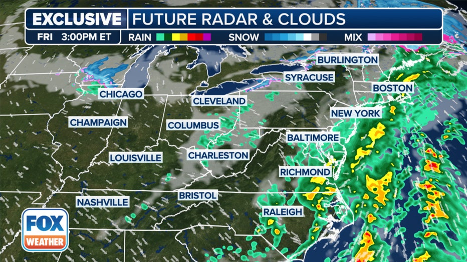 An area of low pressure moves over the eastern half of the U.S. from Thursday into Friday. (FOX Weather)