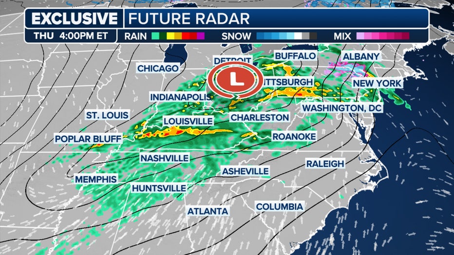 An area of low pressure moves over the eastern half of the U.S. on Thursday. (FOX Weather)