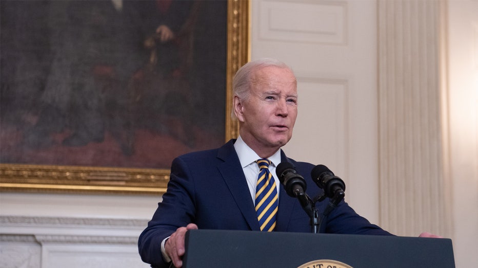 US President Joe Biden in the State Dining Room of the White House in Washington, DC, US, on Tuesday, Feb. 6, 2024. A hard-fought bipartisan deal to impose new US border restrictions and unlock Ukraine war aid is on the brink of collapsing in the Senate, where Republican support crumbled in the face of opposition from GOP presidential front-runner Donald Trump. Photographer: Annabelle Gordon/CNP/Bloomberg via Getty Images