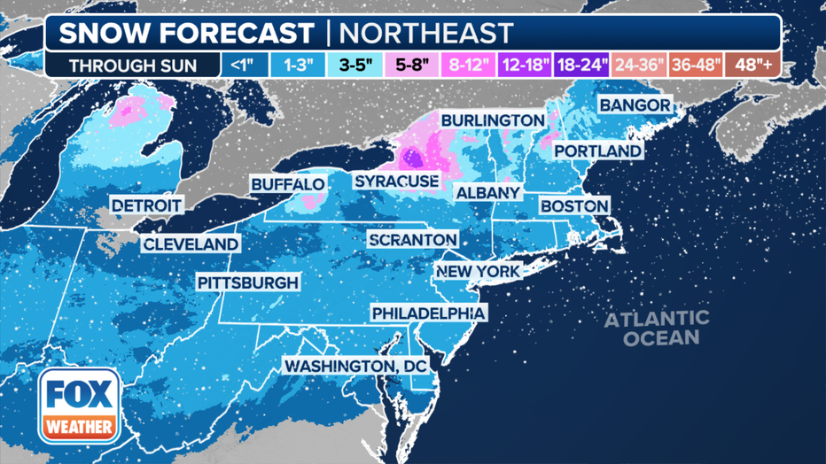 Forecast snow totals in the Northeast through Sunday, Feb. 18, 2024. (FOX Weather)
