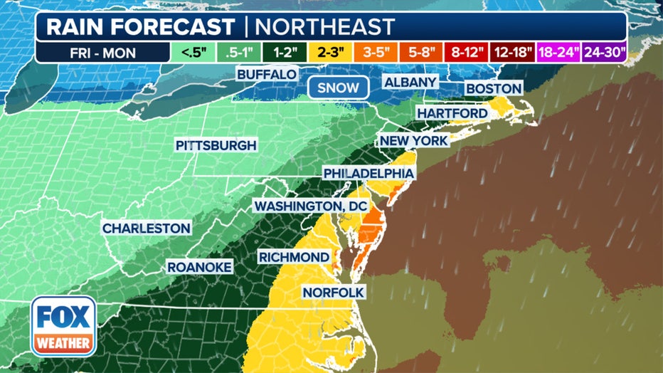 A look at the rain forecast on the Northeast from Friday into Monday. (FOX Weather)