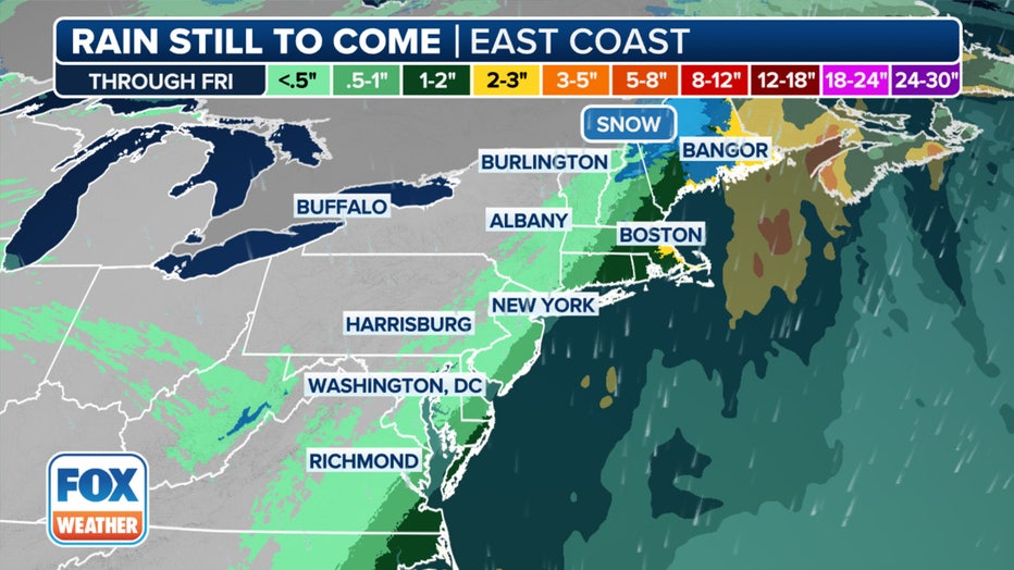This graphic shows forecast rain totals in the Northeast. (FOX Weather)