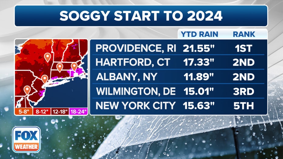 This graphic shows the year-to-date rainfall totals for cities on the East Coast. (FOX Weather)