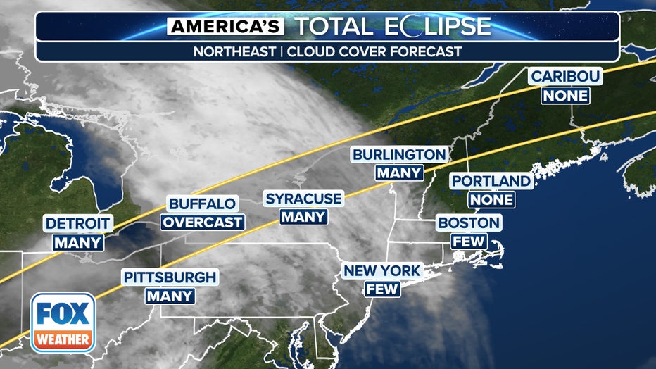 Northeast regional cloud forecast during total solar eclipse on April 8, 2024. Yellow lines denote outer boundaries of totality. (FOX Weather)