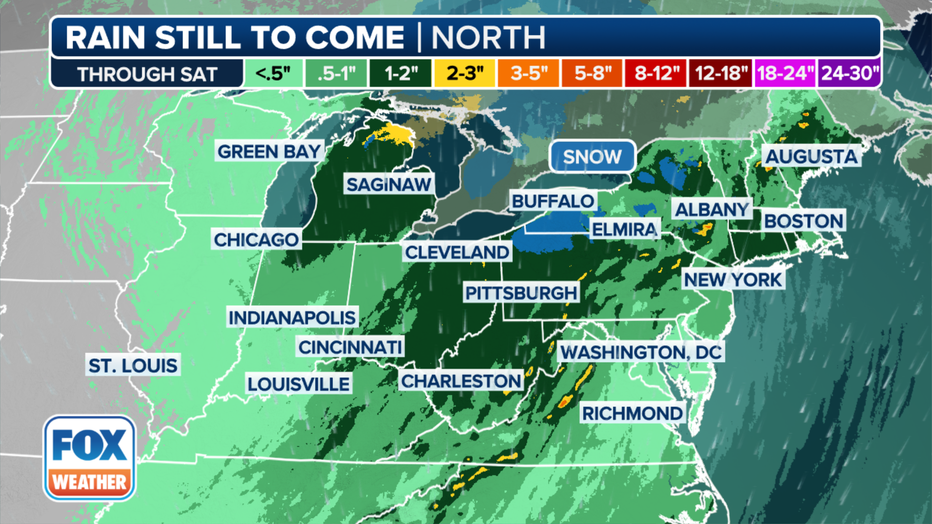 This graphic shows the forecast rain totals through Saturday, April 13, 2024. (FOX Weather)