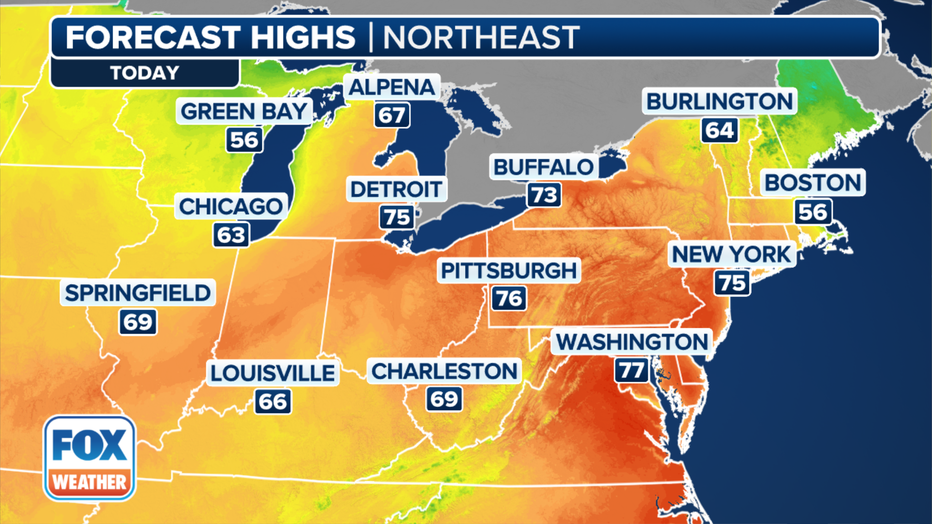 This graphic shows the forecast high temperatures on Tuesday, April 9, 2024. (FOX Weather)
