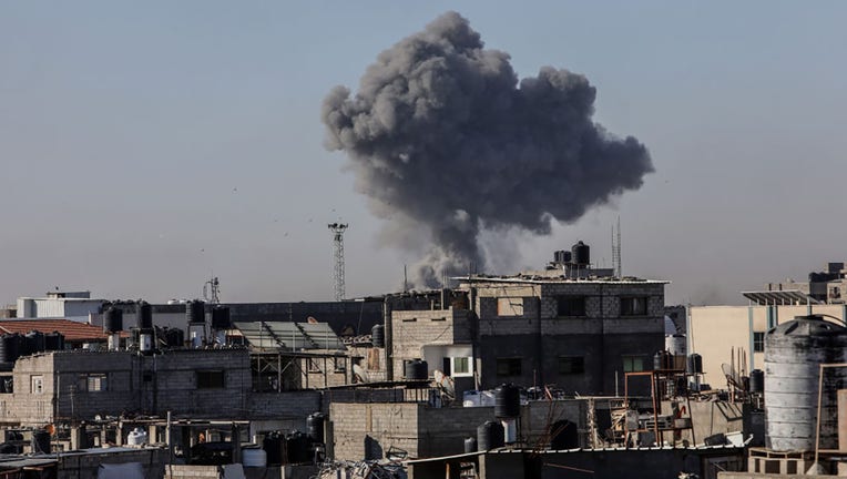 Smoke rises following Israeli airstrike on Rafah, Gaza on May 8, 2024. (Photo by Abed Rahim Khatib/Anadolu via Getty Images)