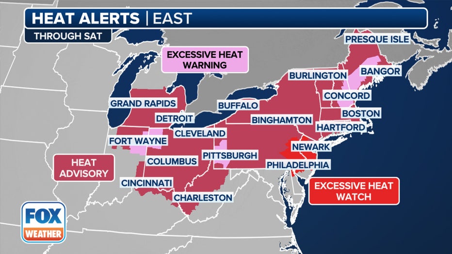 This graphic shows active heat alerts in the U.S. (FOX Weather)