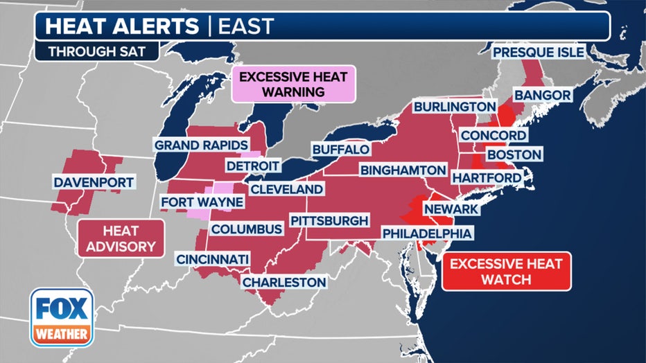 This graphic shows the active heat alerts through Friday, June 21, 2024. (FOX Weather)