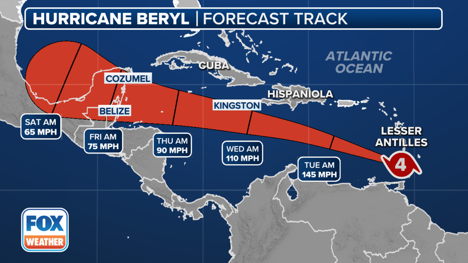 The latest forecast cone for Beryl. (FOX Weather)