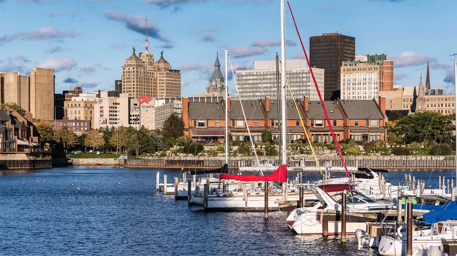 BUFFALO, NEW YORK, UNITED STATES - 2016/10/09: Basin Marina Park and city skyline. (Photo by John Greim/LightRocket via Getty Images)