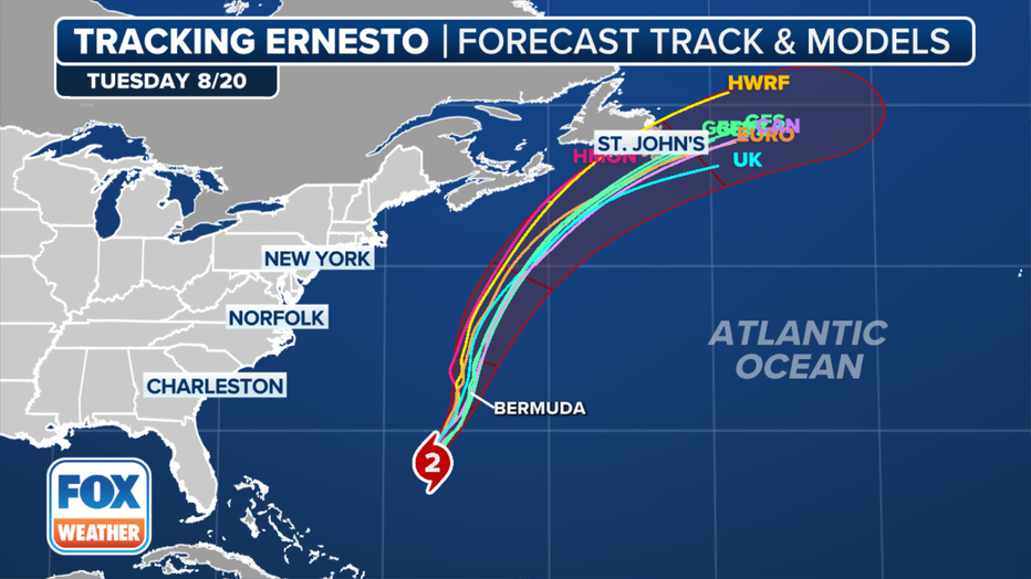 A look at the forecast track of spaghetti plots for Hurricane Ernesto.(FOX Weather)