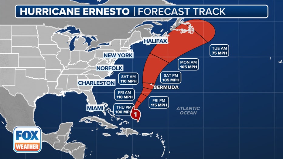 This graphic shows the forecast track of Hurricane Ernesto.(FOX Weather)