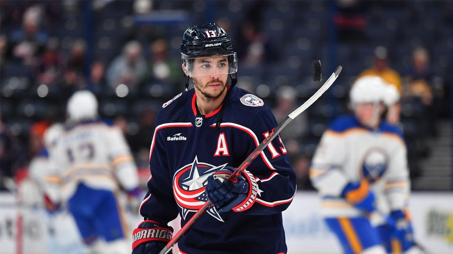 COLUMBUS, OHIO - APRIL 14: Johnny Gaudreau #13 of the Columbus Blue Jackets warms up prior to a game against the Buffalo Sabres at Nationwide Arena on April 14, 2023 in Columbus, Ohio. (Photo by Ben Jackson/NHLI via Getty Images)
