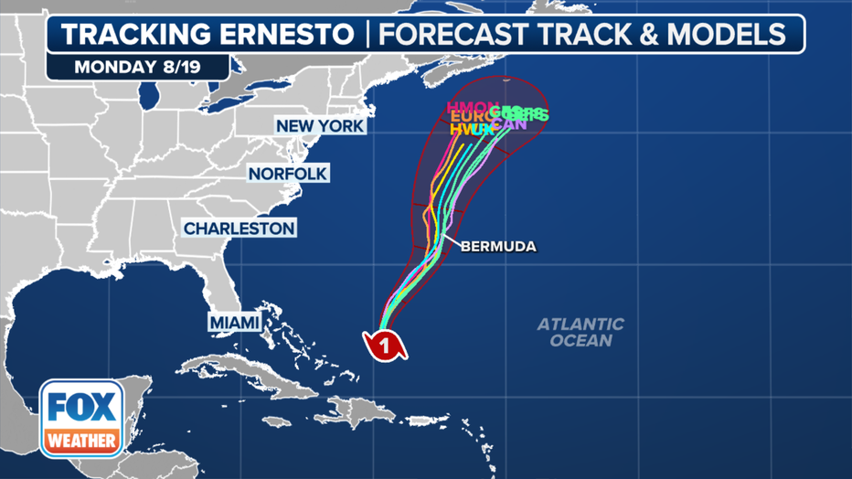 A look at the forecast track of spaghetti plots for Hurricane Ernesto.(FOX Weather)