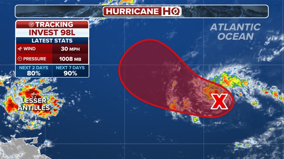 A look at the latest odds of development for Invest 98L in the Atlantic.
(FOX Weather)
