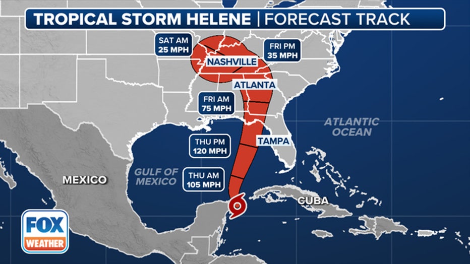 This graphic shows the forecast track for Tropical Storm Helene.(FOX Weather)