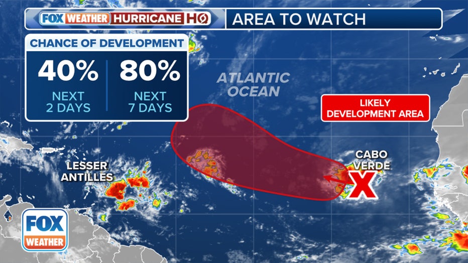 A look at the latest odds of development a tropical disturbance in the Atlantic.(FOX Weather)