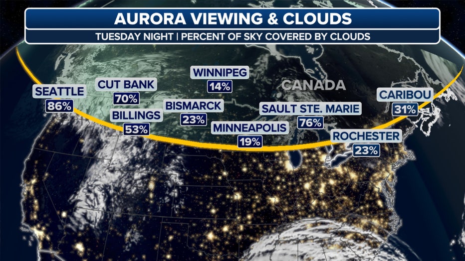 Northern Lights cloud cover forecast for Tuesday night.(FOX Weather)