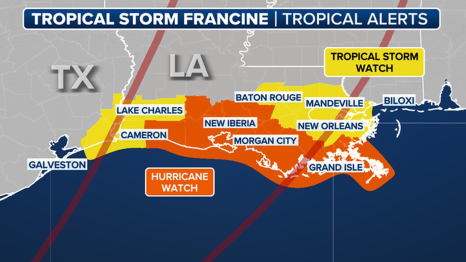 Here are current watches and warnings in effect because of Tropical Storm Francine in the Gulf of Mexico.(FOX Weather)